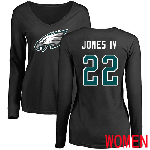 Women Philadelphia Eagles #22 Sidney Jones Black Name and Number Logo Slim Fit Long Sleeve NFL T Shirt.